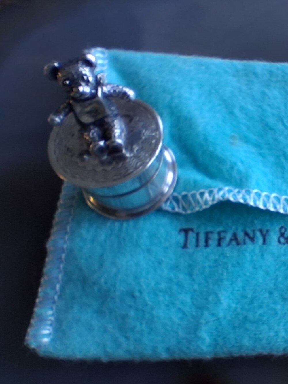 Vintage Tiffany & Co Sterling Silver Teddy Bear Baby Tooth Pill Box Case w/Case